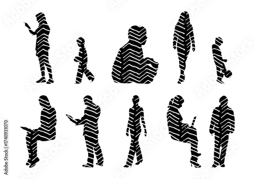 Vector illustration, Outline silhouettes of people, Contour drawing, people silhouette, Icon Set Isolated , Silhouette of sitting people, Architectural set