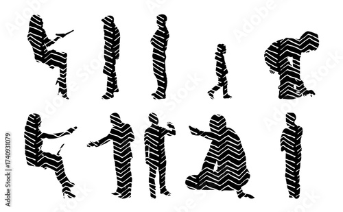 Vector illustration, Outline silhouettes of people, Contour drawing, people silhouette, Icon Set Isolated , Silhouette of sitting people, Architectural set