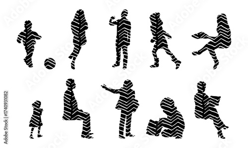 Vector illustration, Outline silhouettes of people, Contour drawing, people silhouette, Icon Set Isolated , Silhouette of sitting people, Architectural set