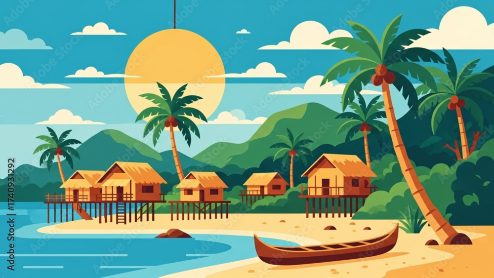Obraz premium Tropical beach with stilt houses and a boat under a bright sun, showcasing a serene and idyllic island getaway with lush vegetation and clear waters.