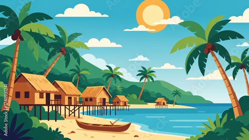 Tropical beach houses stand on stilts above turquoise water under a bright sun, creating a serene and idyllic vacation scene.