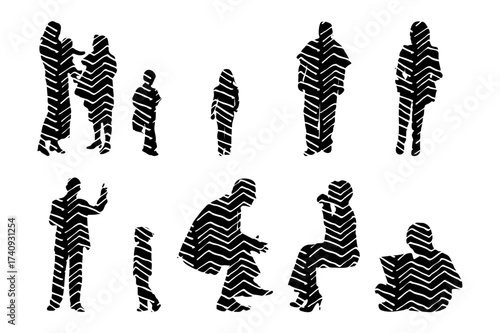 Vector illustration, Outline silhouettes of people, Contour drawing, people silhouette, Icon Set Isolated , Silhouette of sitting people, Architectural set