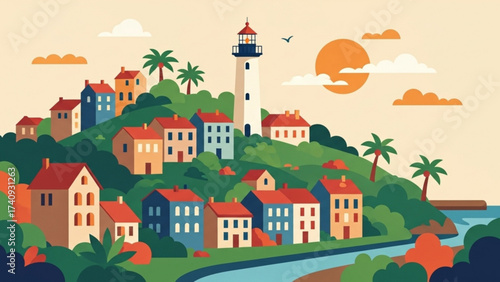 Coastal village sits atop a lush green hill overlooking the ocean with a lighthouse shining brightly under a warm, sunny sky, creating a peaceful and idyllic scene.