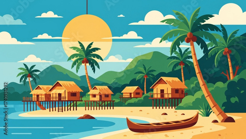 Tropical beach with stilt houses and a boat under a bright sun, showcasing a serene and idyllic island getaway with lush vegetation and clear waters.