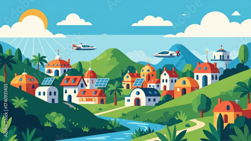 Picturesque village nestled amidst rolling green hills with river flowing through, airplanes flying overhead on a bright sunny day creating a peaceful scene.