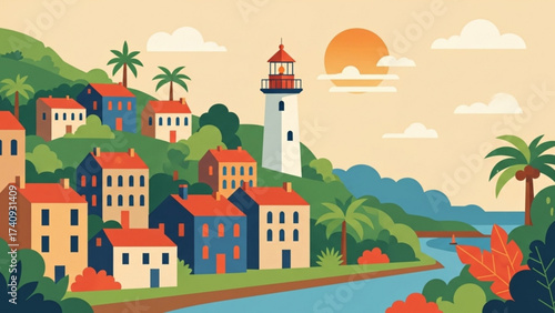 Coastal village sits peacefully beside a river with a lighthouse overlooking the sea under a warm sunset, creating a serene and idyllic scene.