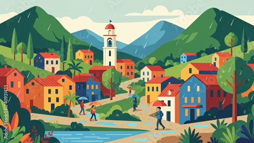Picturesque village nestled among rolling hills experiences a gentle rain shower, creating a serene and tranquil atmosphere in the idyllic countryside.