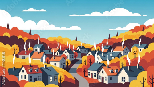 Autumn village nestled among colorful trees shows peaceful scene with winding road and smoking chimneys in a serene and idyllic landscape.