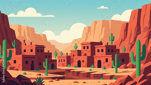 Desert village nestled between towering red rock formations under a clear blue sky evokes a sense of peaceful isolation and timeless beauty.