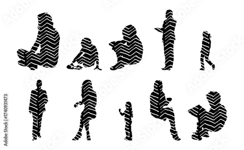 Vector illustration, Outline silhouettes of people, Contour drawing, people silhouette, Icon Set Isolated , Silhouette of sitting people, Architectural set
