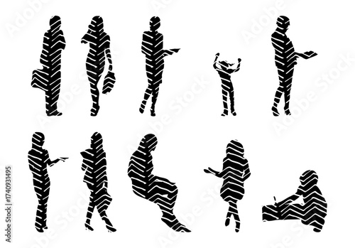 Vector illustration, Outline silhouettes of people, Contour drawing, people silhouette, Icon Set Isolated , Silhouette of sitting people, Architectural set