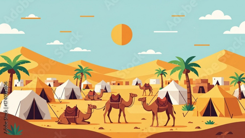 Camels resting near tents in desert oasis under bright sun, creating a serene and peaceful scene of nomadic life in the arid landscape.