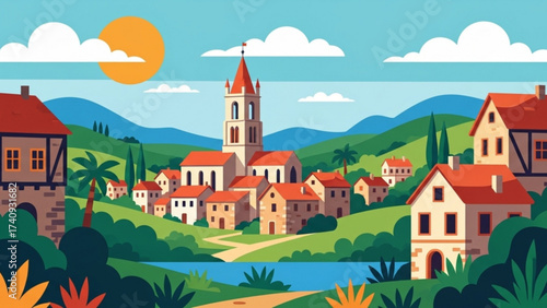 Quaint european village nestled among rolling hills and a tranquil lake under a bright sun, evoking a sense of peacefulness and idyllic charm.