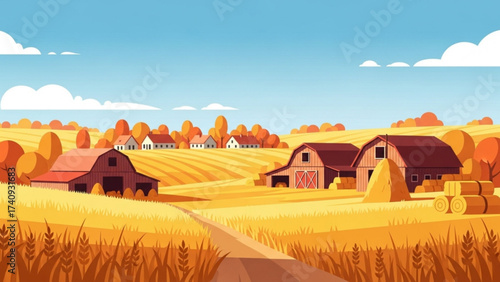 Rural farm landscape showing golden fields and red barns under a bright blue sky, evoking a sense of peace and tranquility.