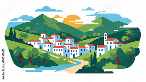 Picturesque village nestled in lush green valley with mountains rising in the distance under a warm, setting sun, creating a peaceful and idyllic scene.