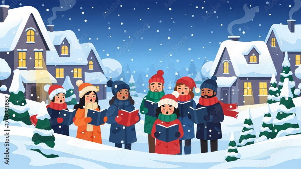 Naklejka premium Children sing carols in snowy village square during winter holiday season, spreading joy and festive cheer among the community.