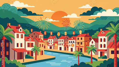 Colorful buildings line the river in a vibrant Vietnamese town during a festive celebration with fireworks and lanterns at sunset, creating a joyful atmosphere.