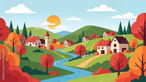 Peaceful village nestled among rolling hills and vibrant autumn trees, with a winding river flowing through, creating a serene and idyllic landscape scene.