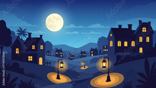 Quiet village glows under the light of a full moon, casting long shadows and creating a peaceful, serene atmosphere in the still of the night.