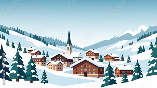 Snowy village nestled in the mountains during winter with cozy houses and evergreen trees creating a peaceful and serene atmosphere.