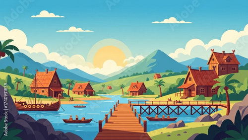 Peaceful village nestled along riverbank with mountains in distance under bright sun, showcasing idyllic tropical landscape with vibrant colors.