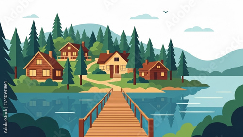 Cozy cabins nestled among lush green trees overlooking a tranquil lake on a peaceful summer day, creating a serene and idyllic landscape.