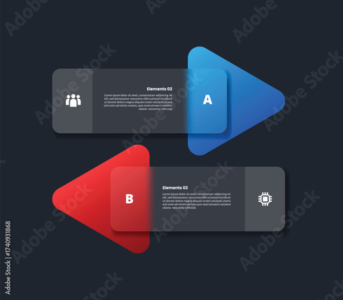 2 points infographic with glassmorphism style with big arrow stacked list vertical comparison with 2 elements vector