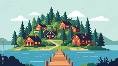 Cozy cabins nestled on a small island surrounded by tranquil lake waters, offering a peaceful retreat in nature's embrace, creating a serene atmosphere.