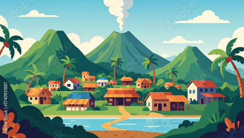 Tropical village nestled near a majestic volcano, surrounded by lush green mountains and palm trees under a bright blue sky, creating a serene and idyllic scene.