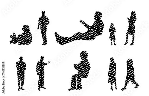 Vector illustration, Outline silhouettes of people, Contour drawing, people silhouette, Icon Set Isolated , Silhouette of sitting people, Architectural set