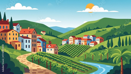 Picturesque tuscan village nestled among rolling hills with vineyards and a winding river under a bright sun, creating a serene and idyllic scene.