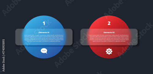 2 points infographic with glassmorphism style with big circle with round rectangle box comparison with 2 elements