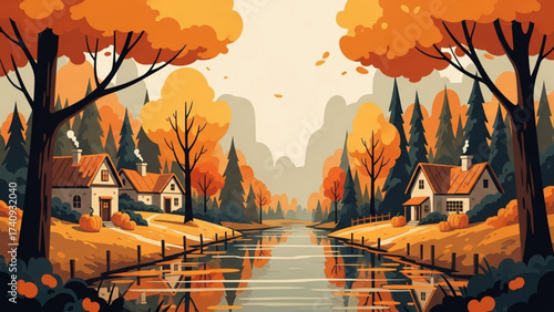 Autumn landscape showing houses nestled along a tranquil river surrounded by colorful trees during the fall season, creating a serene and picturesque scene.