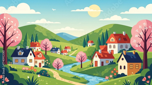 Peaceful village nestled in rolling green hills with blooming cherry trees along a winding river under a bright sun, creating a serene and idyllic springtime scene.