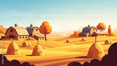 Golden farm landscape showing hay bales in a field with barns and autumn trees under a clear blue sky, evoking a sense of peaceful rural life.