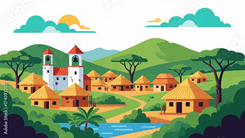 Quaint village nestled among rolling green hills with traditional huts and a white church under a bright sun, evoking a sense of peaceful community.