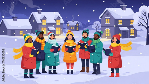 Group of diverse carolers singing Christmas carols in snowy village at night, spreading holiday cheer and festive spirit.