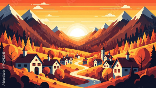 Village nestled in valley surrounded by mountains bathed in warm sunset light creating a peaceful and serene autumn landscape.