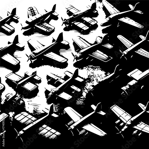 Monochromatic illustration showcasing a multitude of vintage airplanes in various orientations and sizes