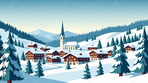 Snowy village nestled in the mountains during winter, with church steeple rising above the rooftops, creating a peaceful and serene winter scene.