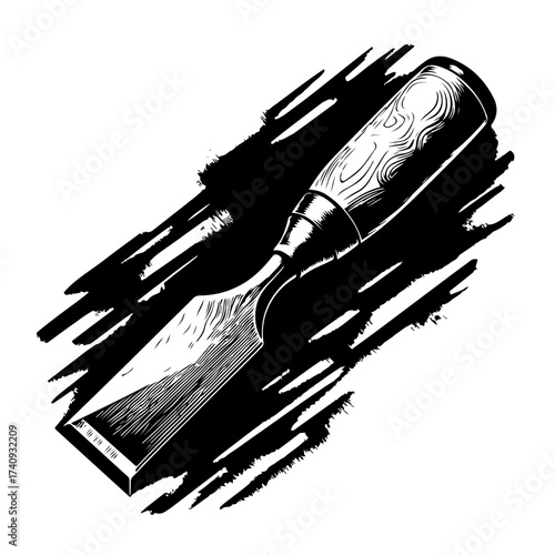 Illustration of a wood chisel tool with a wooden handle and a metal blade on a white background