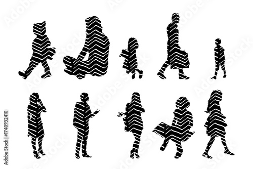 Vector illustration, Outline silhouettes of people, Contour drawing, people silhouette, Icon Set Isolated , Silhouette of sitting people, Architectural set