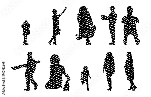 Vector illustration, Outline silhouettes of people, Contour drawing, people silhouette, Icon Set Isolated , Silhouette of sitting people, Architectural set