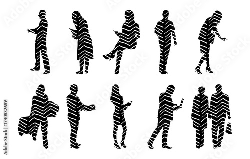 Vector illustration, Outline silhouettes of people, Contour drawing, people silhouette, Icon Set Isolated , Silhouette of sitting people, Architectural set