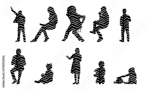 Vector illustration, Outline silhouettes of people, Contour drawing, people silhouette, Icon Set Isolated , Silhouette of sitting people, Architectural set
