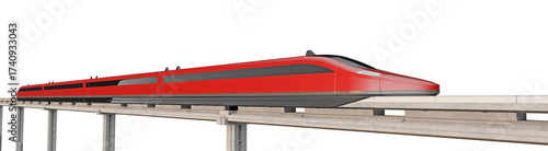 Red bullet train on a maglev line, isolated on a transparent background. 3D illustration.