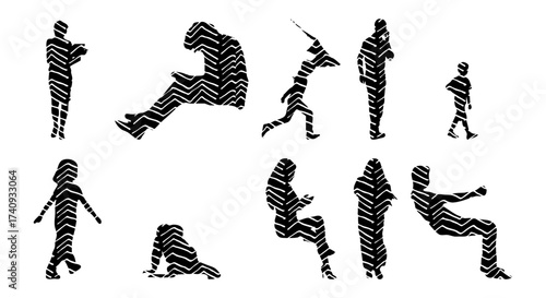 Vector illustration, Outline silhouettes of people, Contour drawing, people silhouette, Icon Set Isolated , Silhouette of sitting people, Architectural set
