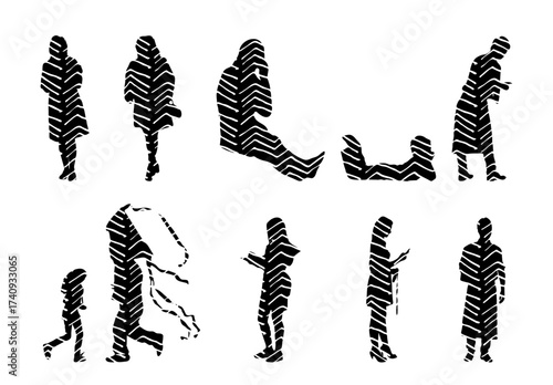 Vector illustration, Outline silhouettes of people, Contour drawing, people silhouette, Icon Set Isolated , Silhouette of sitting people, Architectural set