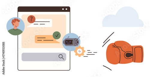 Messaging interface with user and chatbot avatars, conversation details, boxing glove metaphor for conflict. Ideal for technology, communication, AI, support, conflict resolution, innovation