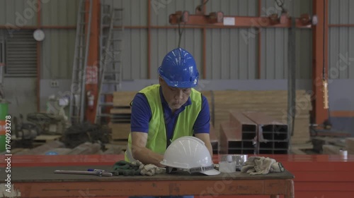 Workers wearing hard hat and reviews schematics in industrial. Worker in hardhat and safety helmet.